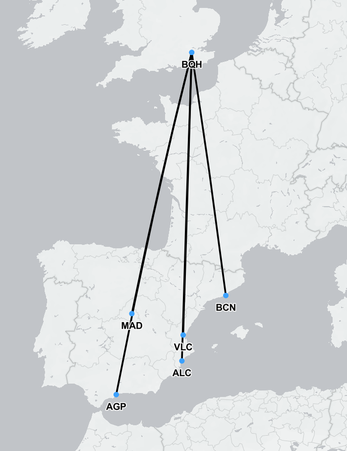 Medical air ambulance flight path from Spain to London for repatriation