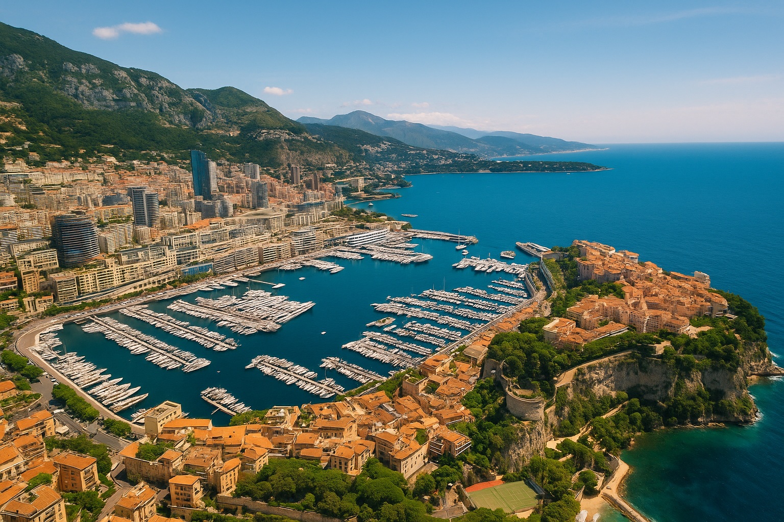 Aerial view of Monaco coastline and harbour – SkyCare air ambulance coverage area