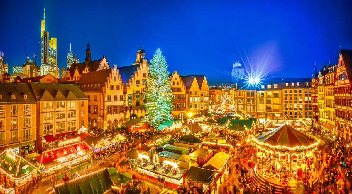 Aerial view of Frankfurt Christmas Market for luxury private flight 
