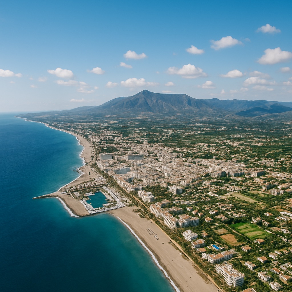 Aerial view of Marbella coastline and marina, ideal for luxury medical repatriation and private air ambulance services.