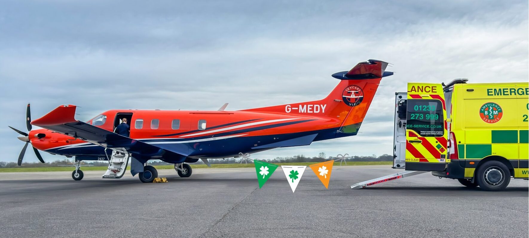 Air ambulance at Dublin Airport loading a patient from ground ambulance for medical repatriation to the UK