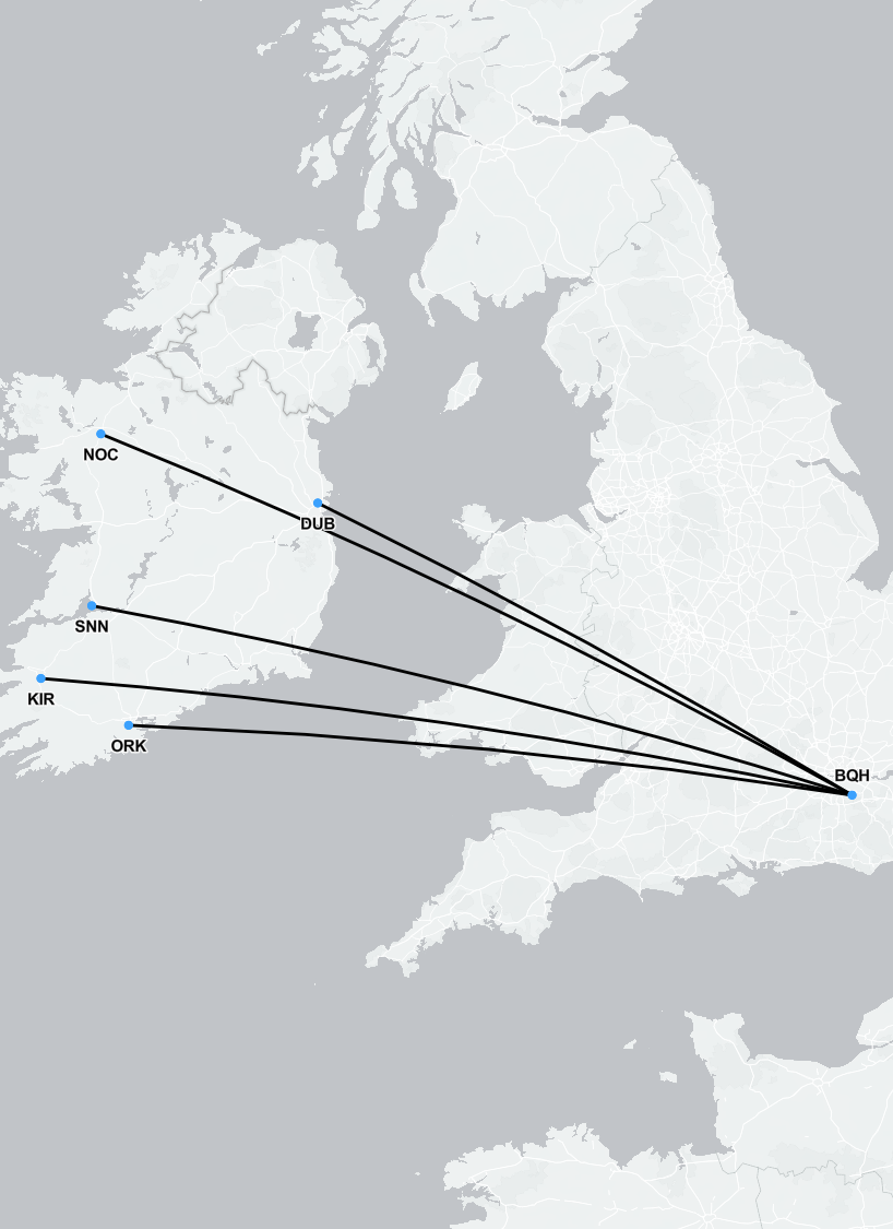 Flight route map showing SkyCare air ambulance medical repatriation paths to and from Ireland