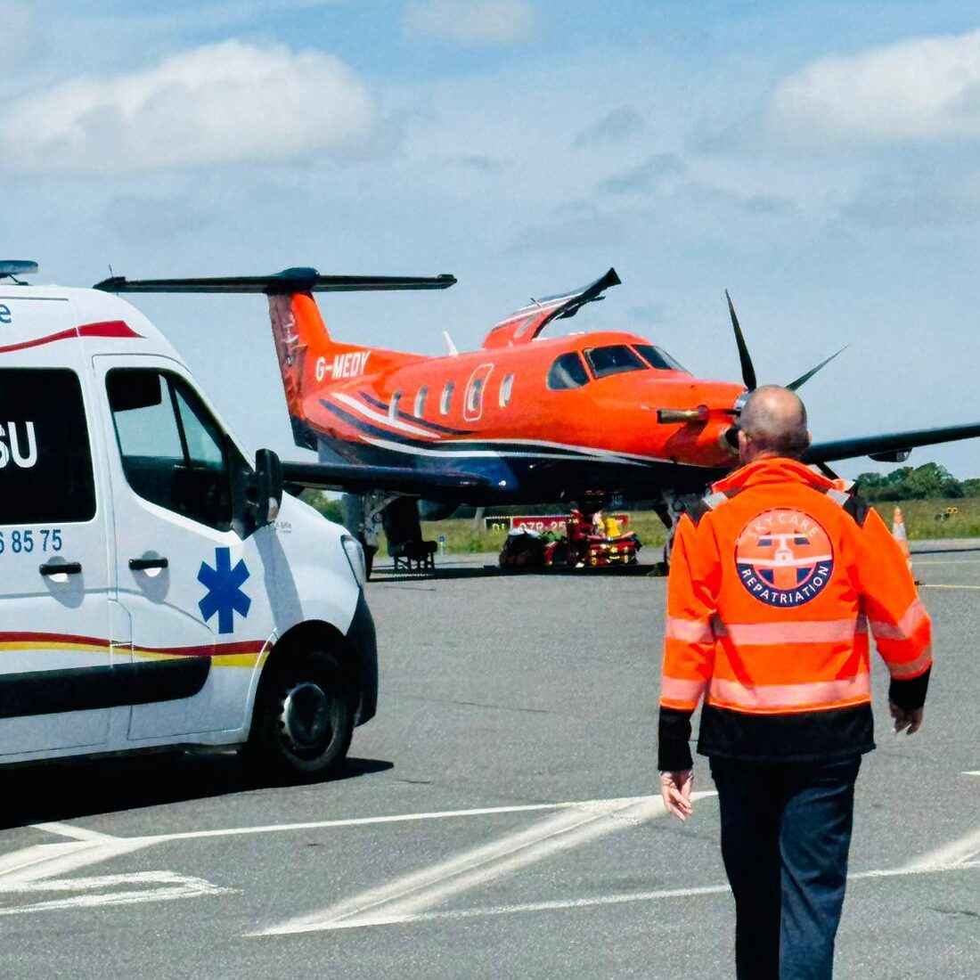 Private air ambulance on tarmac ready for medical repatriation from France to the UK