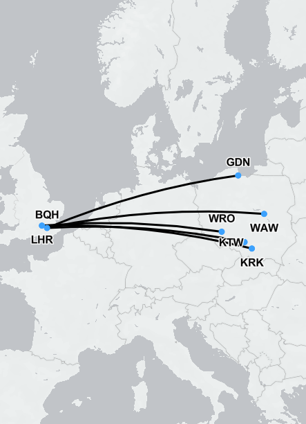 Air Ambulance Poland route map showing international medical repatriation and medical flights from Poland across Europe and worldwide.