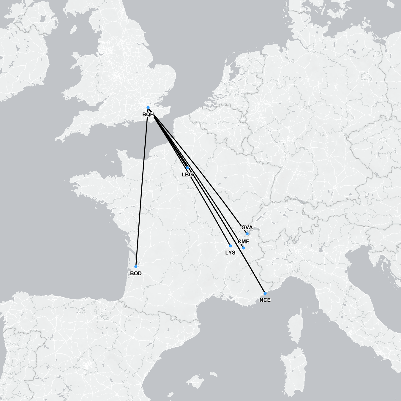 Route map of air ambulance repatriation to the UK from France showing major airport departure points