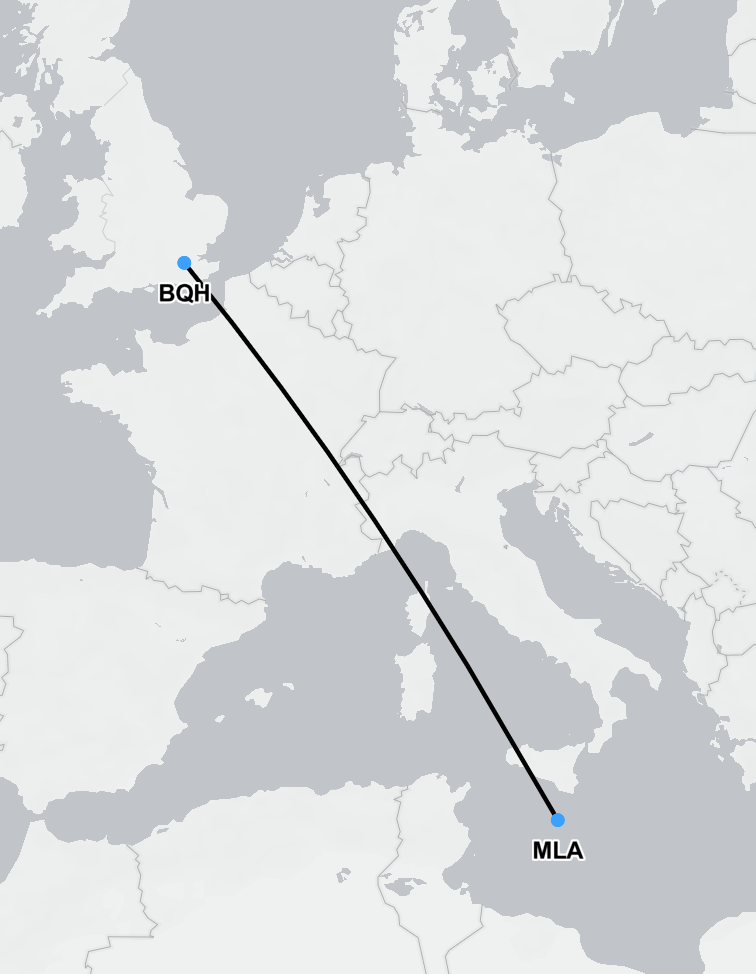 Flight route map showing air ambulance path from Malta to the UK