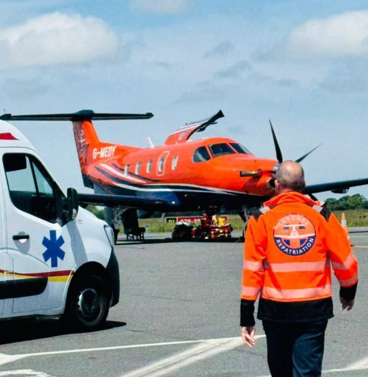 Medical aircraft on the tarmac at Isle of Man Airport for UK repatriation