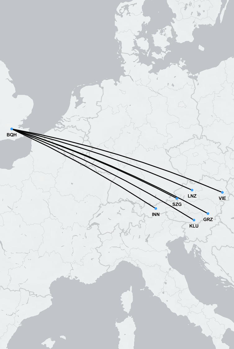 Map showing SkyCare’s air ambulance flight routes from Austria to the UK