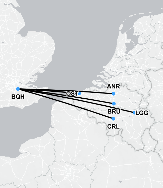 Map showing air ambulance route from Belgium to the United Kingdom
