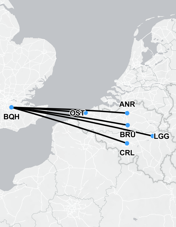 Map showing air ambulance route from Belgium to the United Kingdom