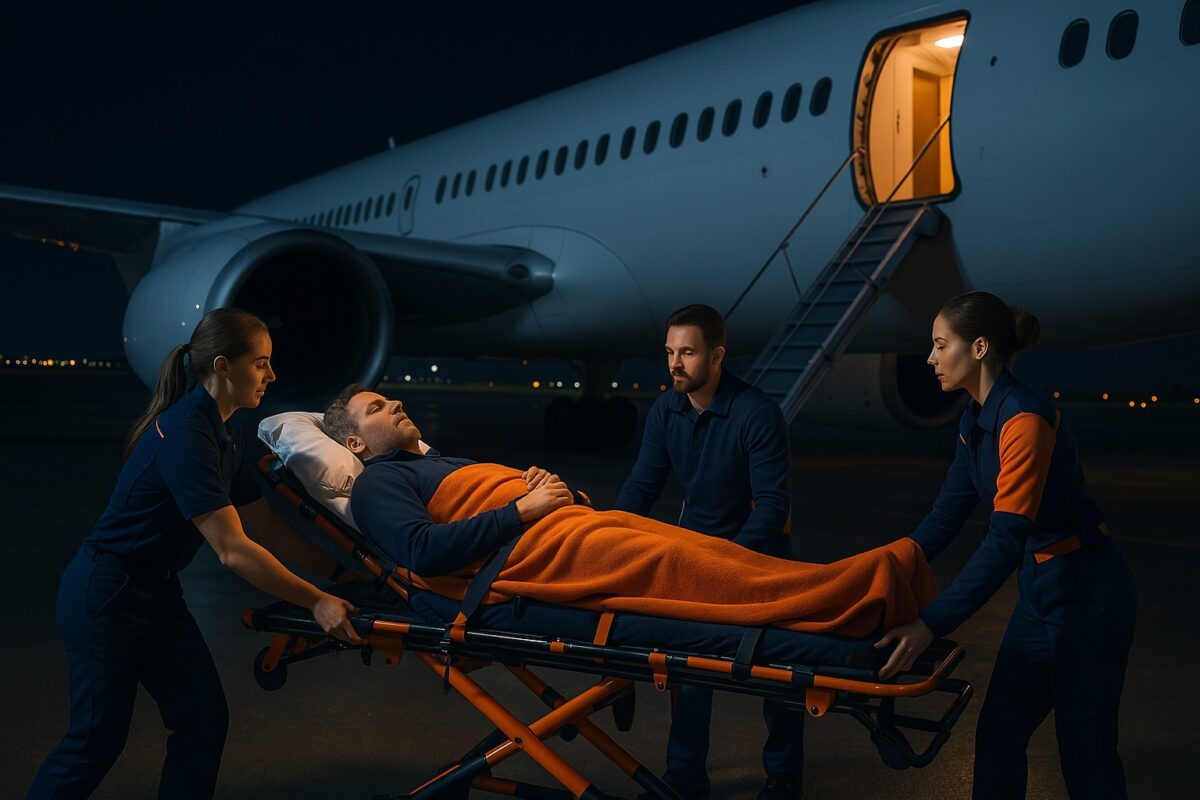 Medical stretcher setup on a commercial flight for patient repatriation from Pakistan