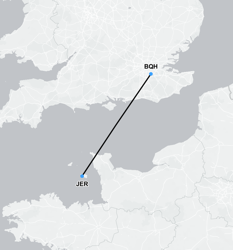 map showing air ambulance route from Jersey in the Channel Islands to London, UK