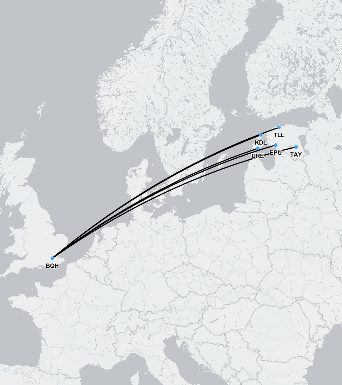 Map showing typical air ambulance flight route from Tallinn, Estonia to London, UK