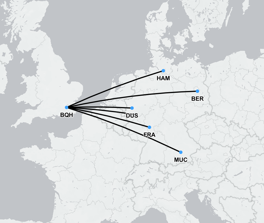Flight routes from London to major airports in Germany – supporting medical repatriation and air ambulance transfers by SkyCare