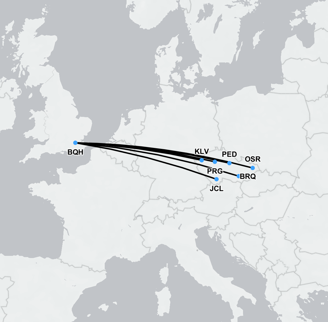 Flight map showing air ambulance route from Prague, Czechia to London, UK