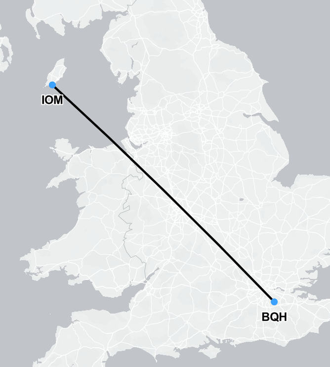 Route map showing air ambulance repatriation from Isle of Man to the UK