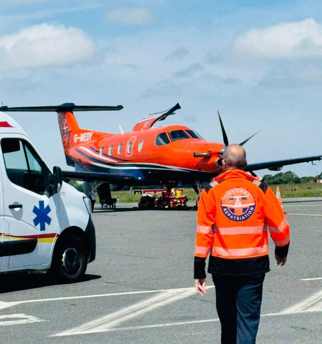 air ambulance plane parked at Jersey Airport ready for medical repatriation to the UK