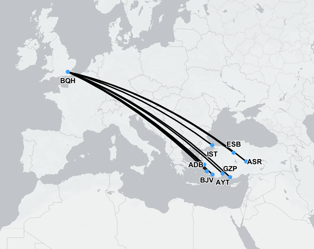 Air ambulance flight route from London to Turkey for medical repatriation