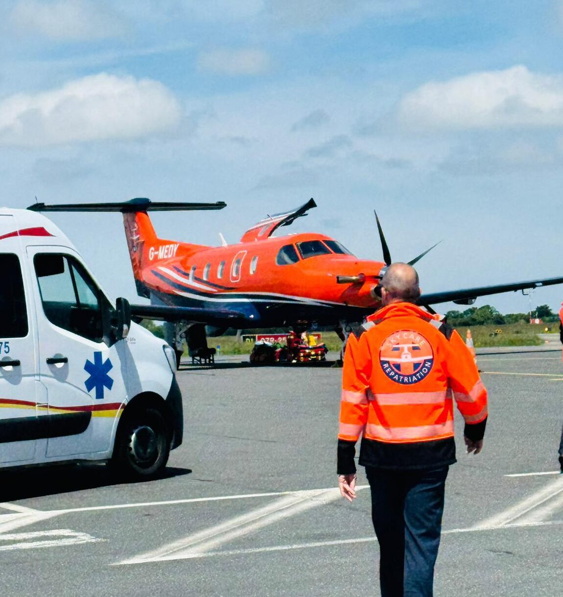 Air ambulance aircraft on tarmac at Valletta, Malta, ready for medical evacuation