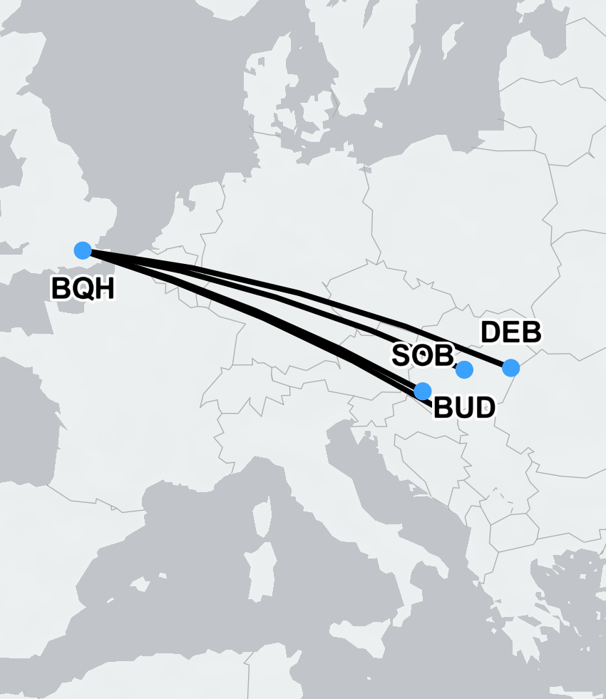 Illustrated map showing air and ground ambulance routes from Hungary to the UK