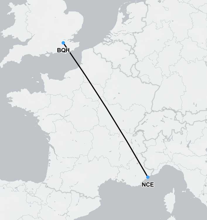 Air ambulance route map from Nice (NCE) to London Biggin Hill (BQH) – Monaco medical flight