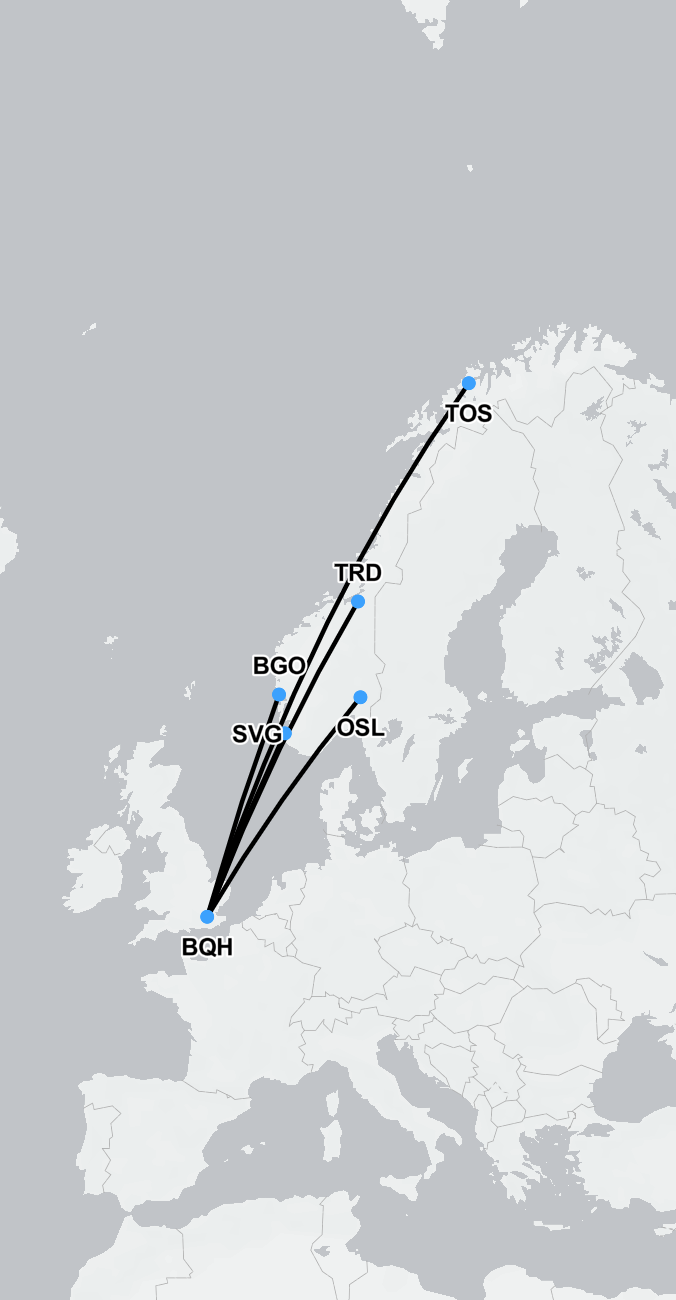 Map showing typical air ambulance route from Norway to UK hospitals