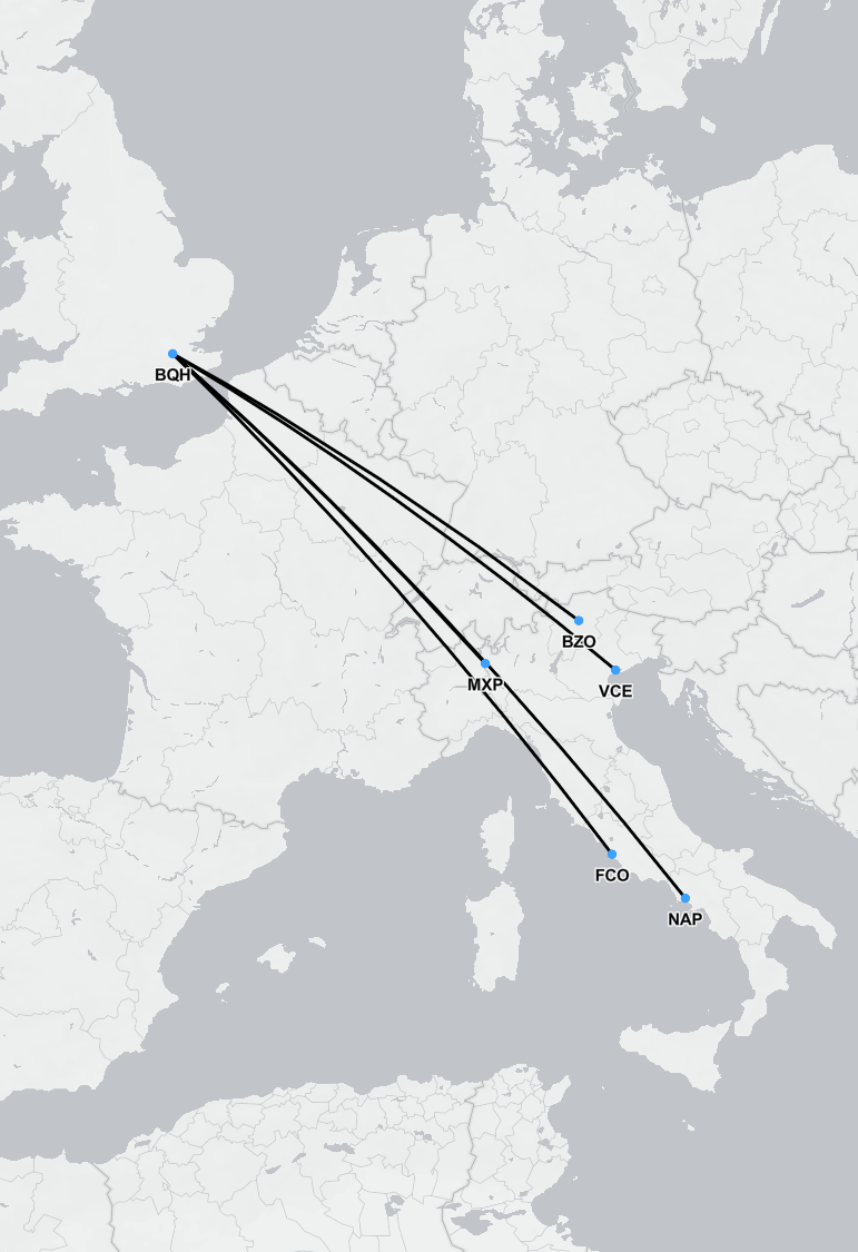 Map showing air ambulance routes from Italy to the UK with airports served in Rome, Milan, Venice, and ski regions