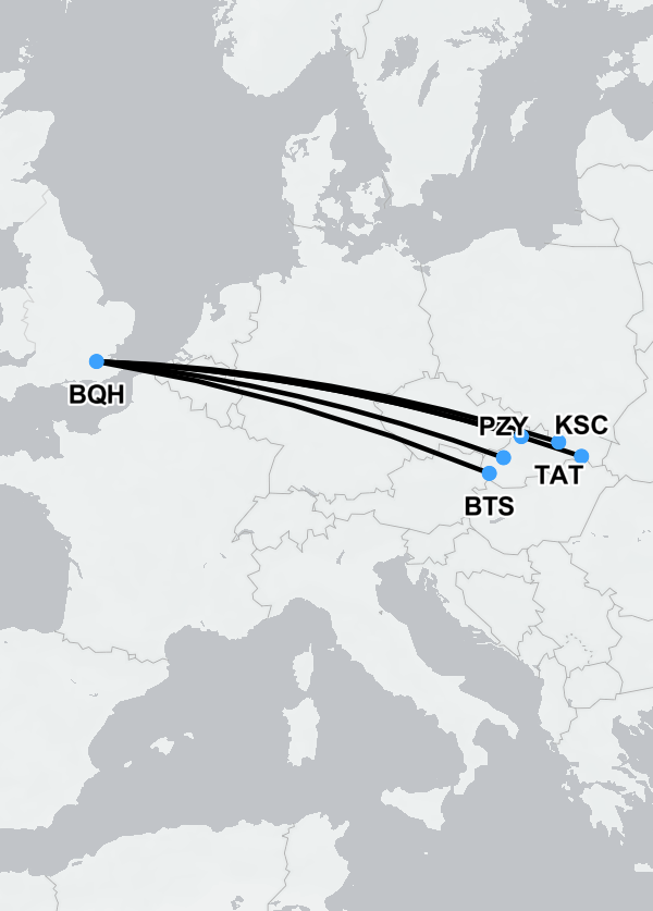 Flight route map for medevac and air ambulance between Slovakia and London, UK
