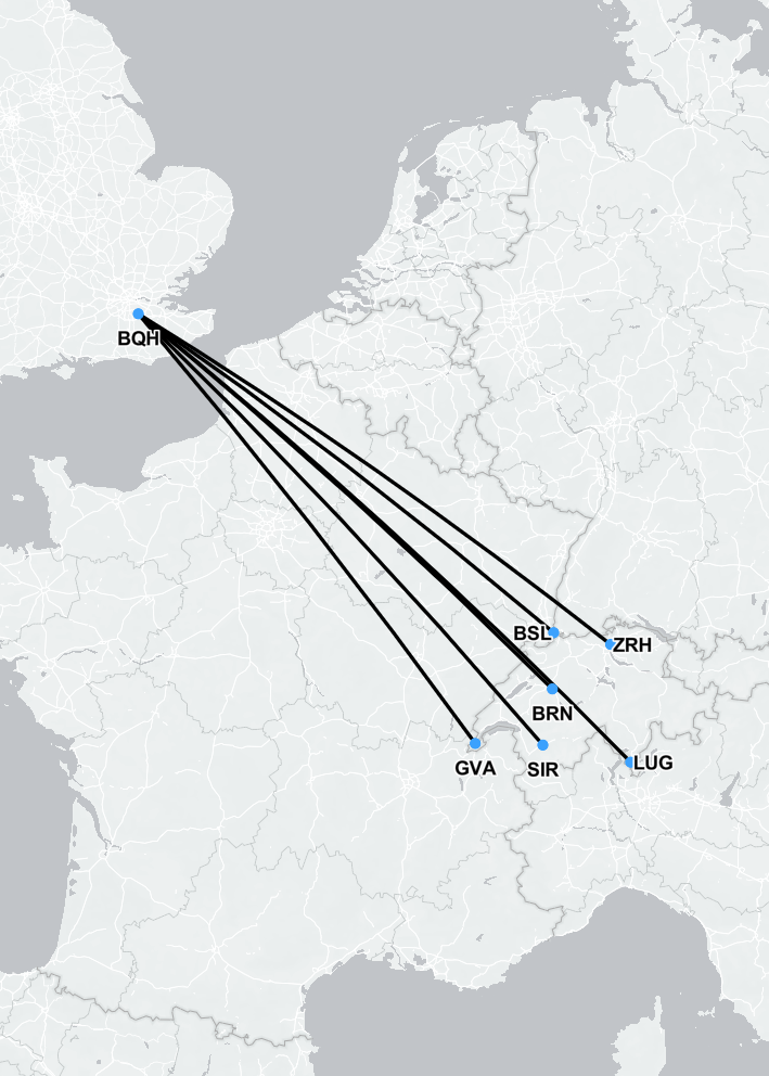 Map showing air ambulance routes from Geneva, Zurich, and Bern to the UK