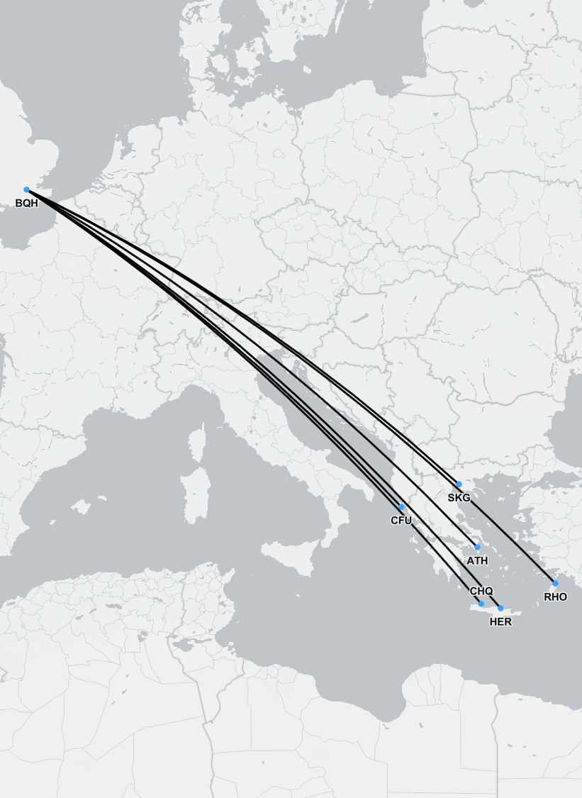 Map showing air ambulance route from Athens, Greece to London, United Kingdom