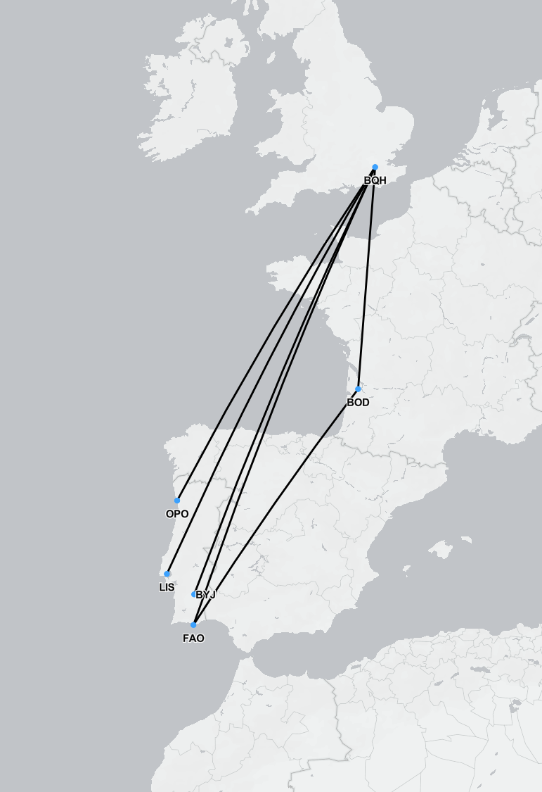 Map showing air ambulance routes from Faro, Lisbon, and Porto in Portugal to London hospitals in the UK