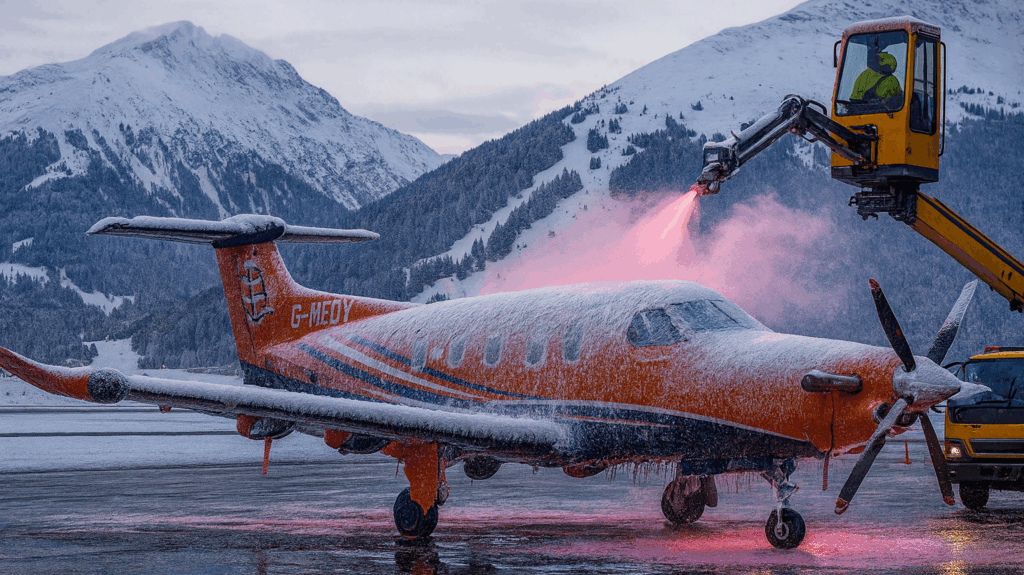 Private aircraft covered in snow awaiting de-icing before a winter repatriation flight