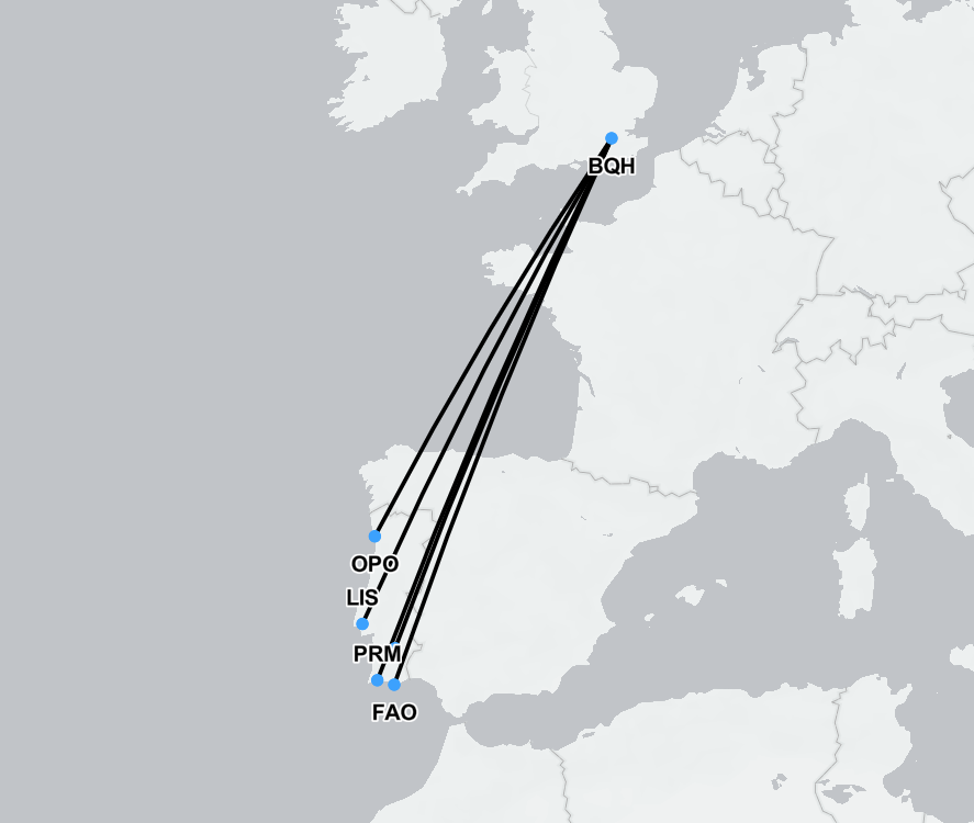 Air ambulance flight path from London to Faro, Algarve for urgent medical repatriation