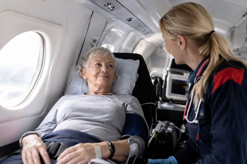 Medical Repatriation After a Stroke Stroke patient receiving medical support during repatriation after becoming unwell abroad