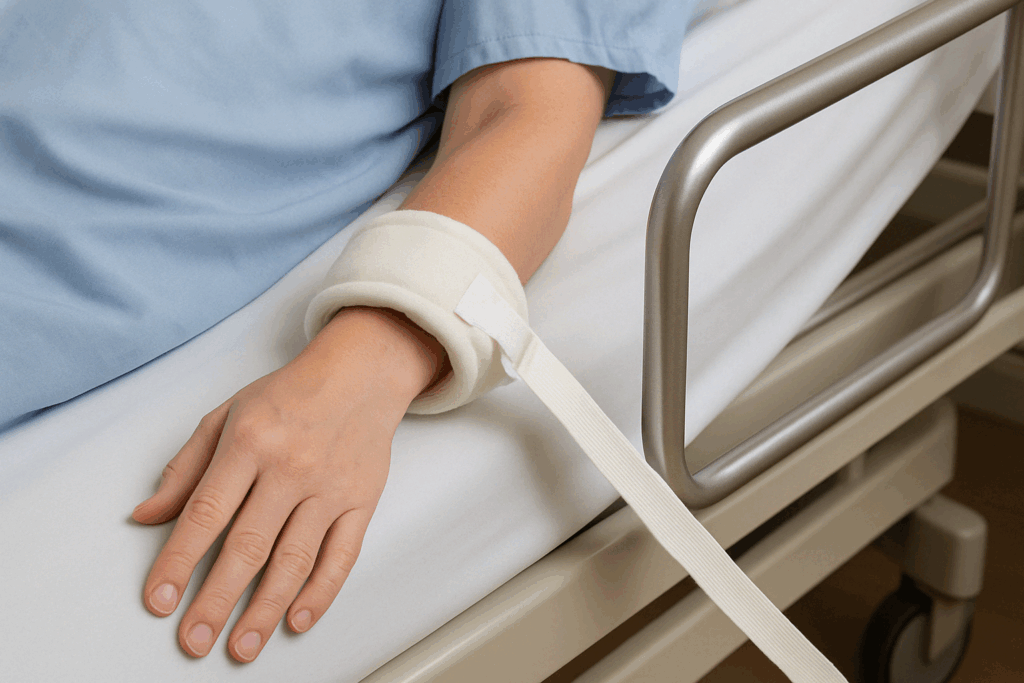 Spanish hospital care – elderly patient in bed with limb restraint