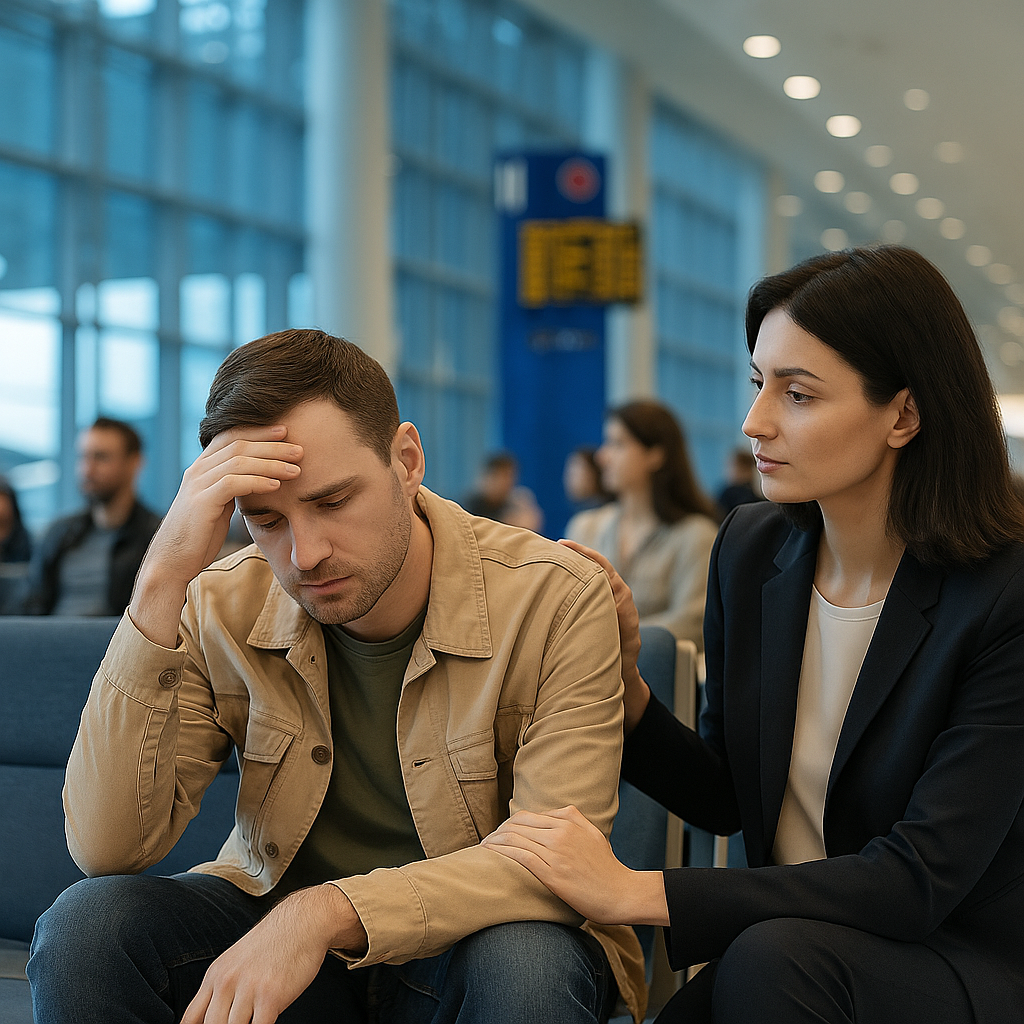 Medical escort assisting a mental health patient through an airport for commercial flight transfer.