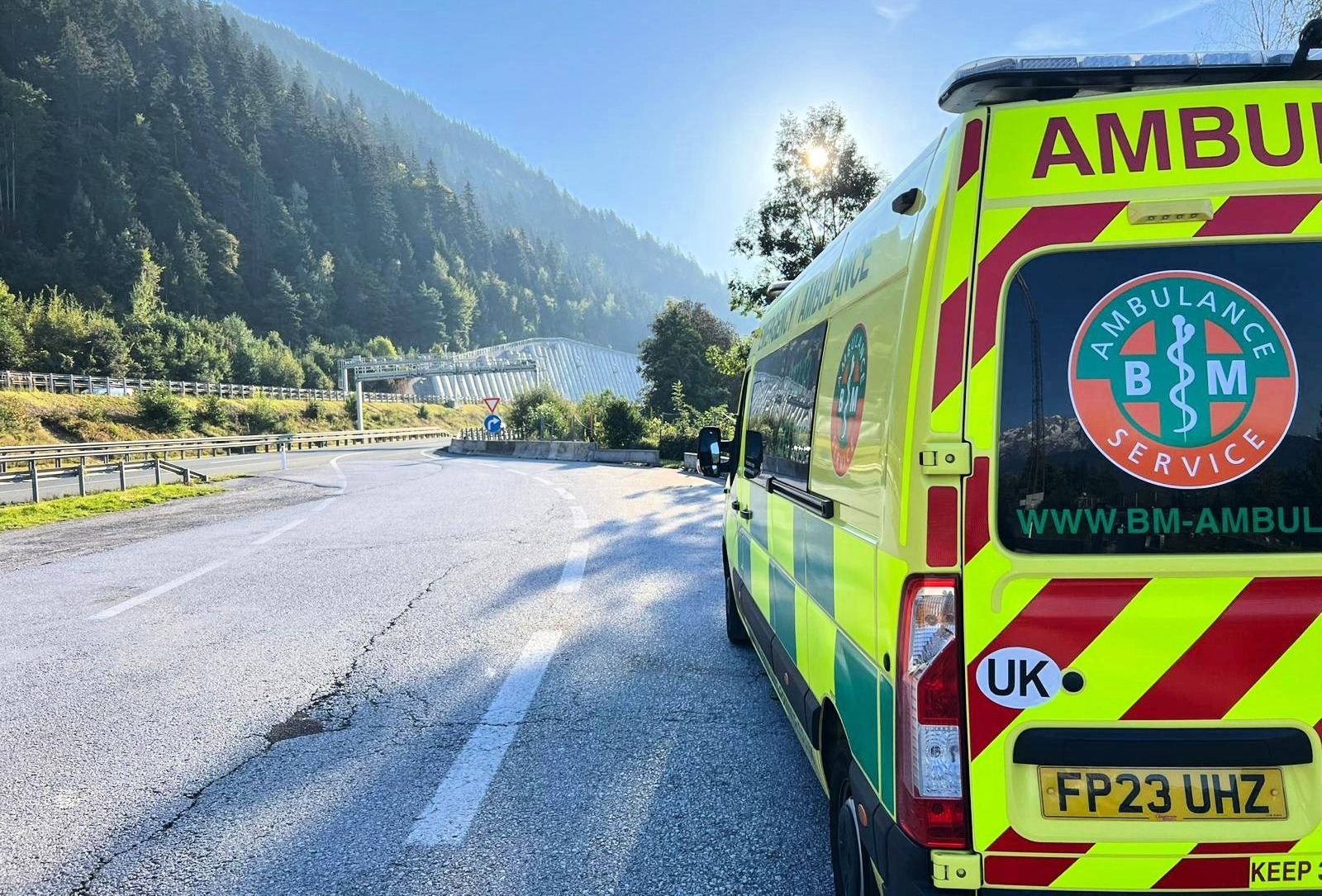SkyCare road ambulance during a European repatriation mission in the mountains