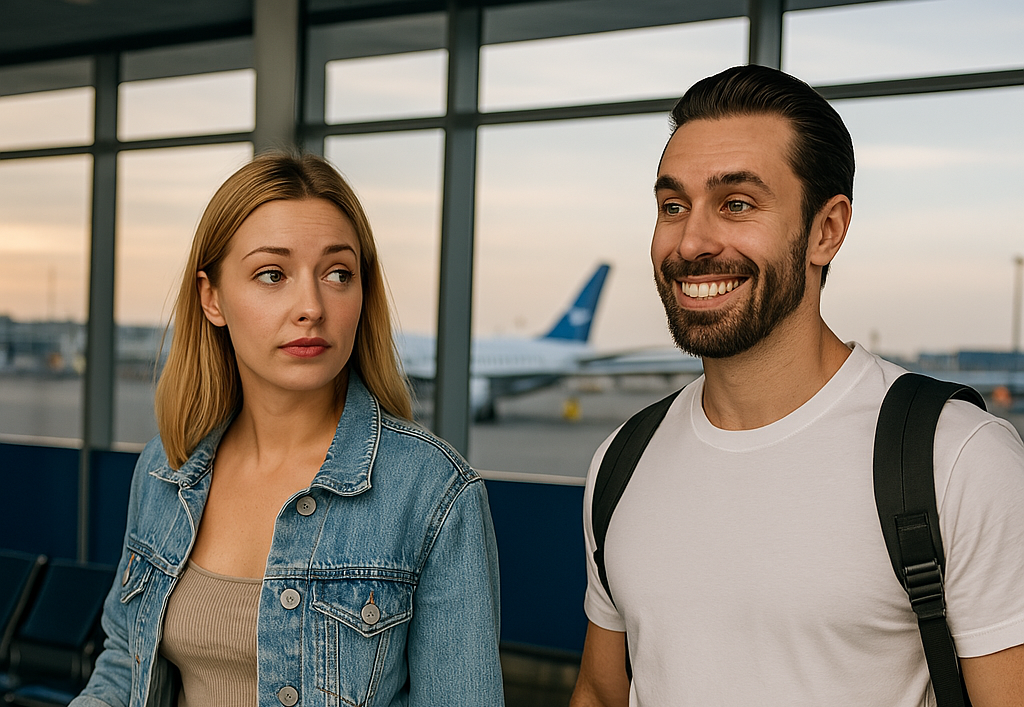 Young travellers at airport preparing for cosmetic surgery abroad with travel insurance
