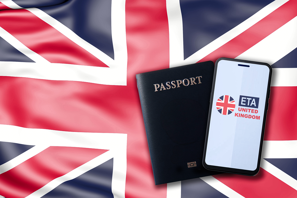 Non-UK passport next to a mobile phone showing UK ETA approval screen at airport