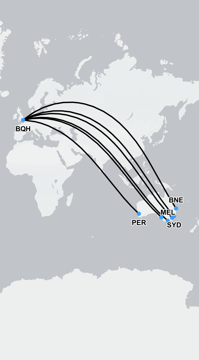 Flight route map showing air ambulance repatriation path between Australia and the UK