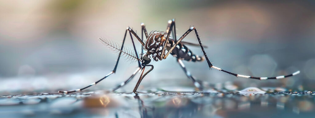 Macro close-up of a mosquito on human skin, representing the transmission risk of Dengue Fever in tropical and subtropical regions.