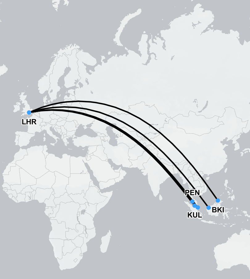 Air ambulance flight route map from Malaysia to the United Kingdom