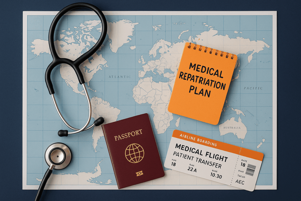 Map, passport, and medical stethoscope arranged for international patient repatriation planning.