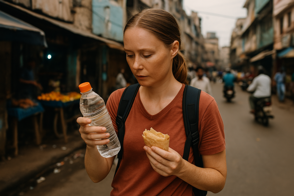 Solo traveller preparing safe food and water abroad