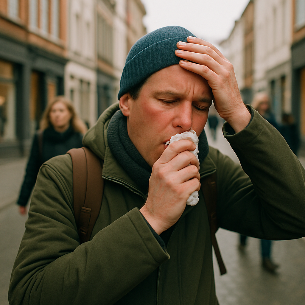 Unwell traveller with red eyes and runny nose, coughing into tissue