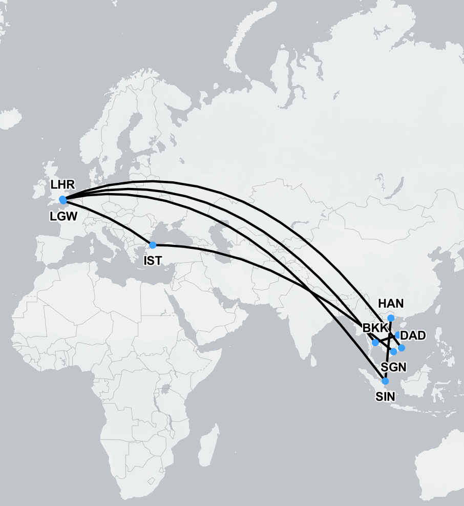 Route map showing air ambulance repatriation path from Vietnam to the UK