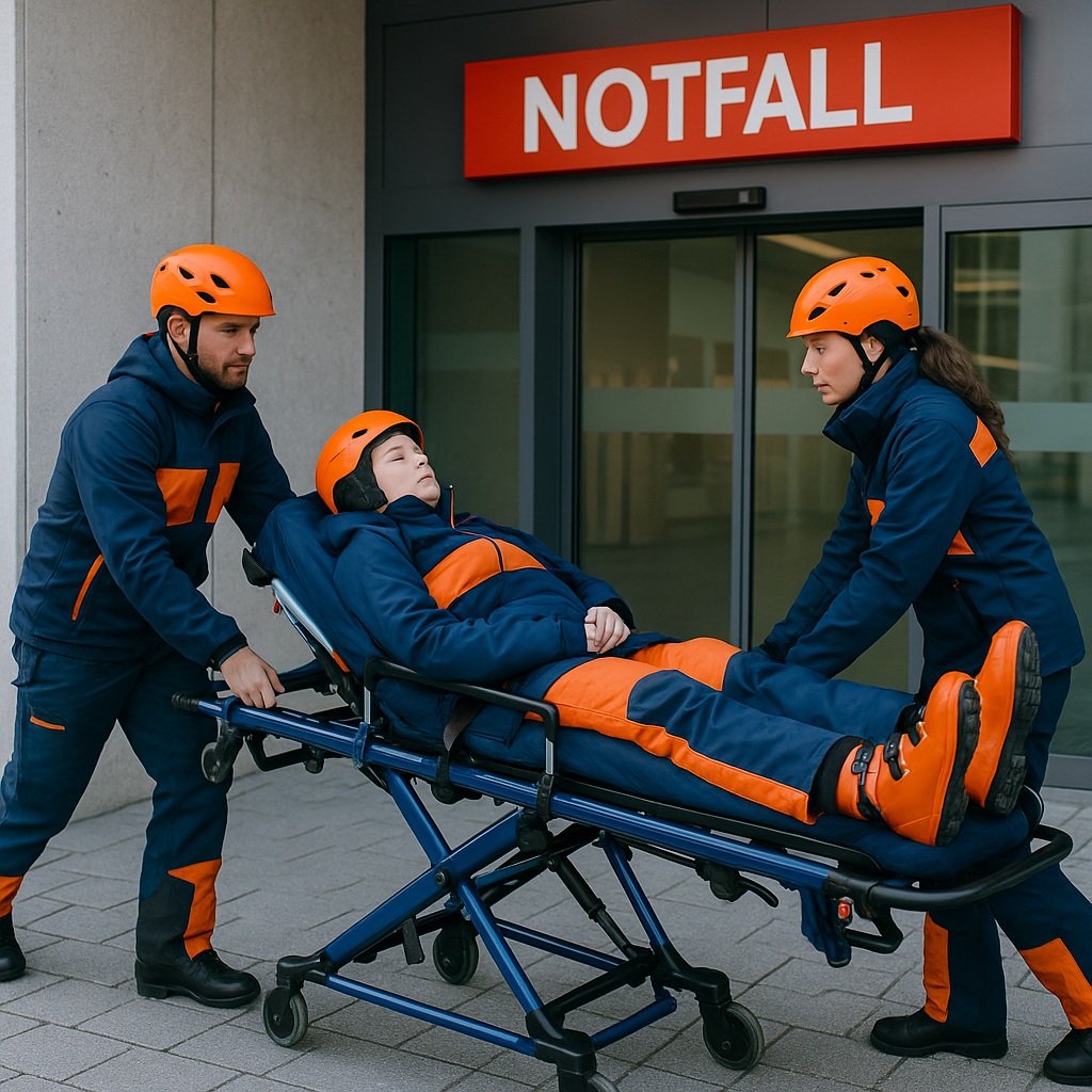 Injured skier in orange and navy gear being wheeled on a stretcher into a Swiss hospital emergency entrance marked 'Notfall'.