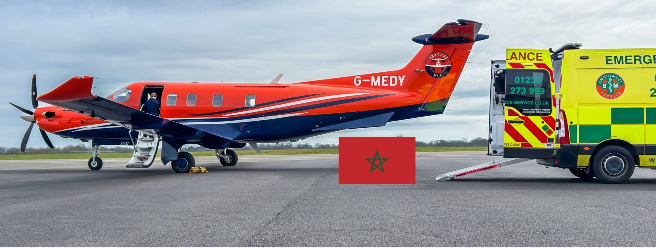 Air ambulance Morocco with medical aircraft and emergency vehicle at Casablanca airport