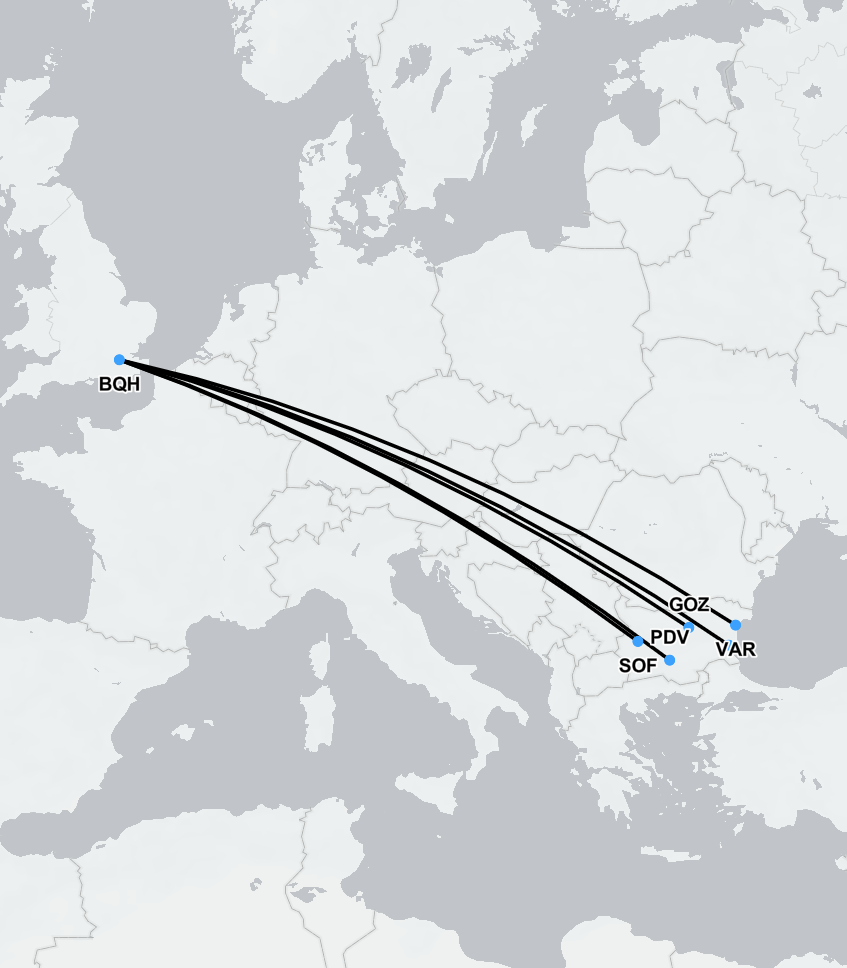 Map showing SkyCare air ambulance route from Bulgaria to London