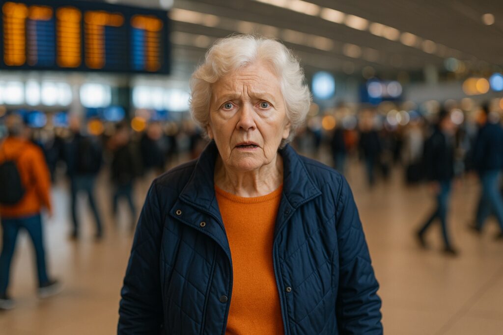 Elderly woman boarding plane with caregiver